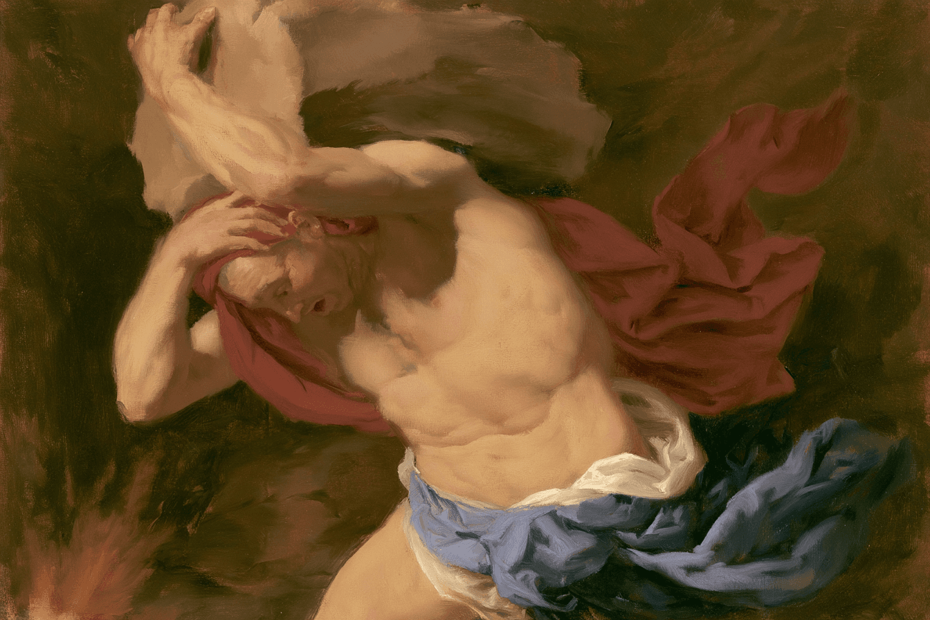 Painting of Sisyphus carrying a boulder, with red and blue drapery