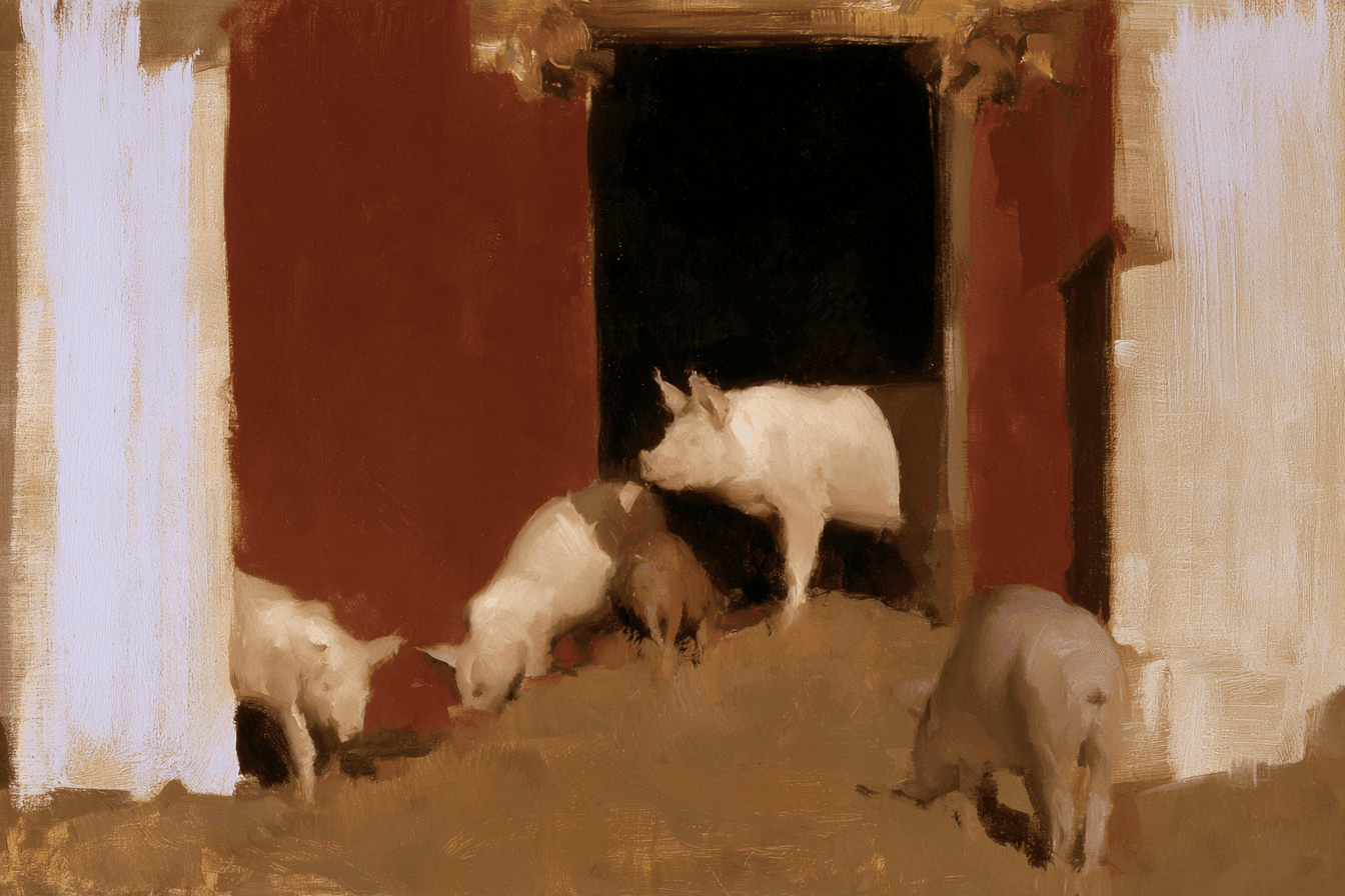 Painting of pigs gathered at a doorway with red walls