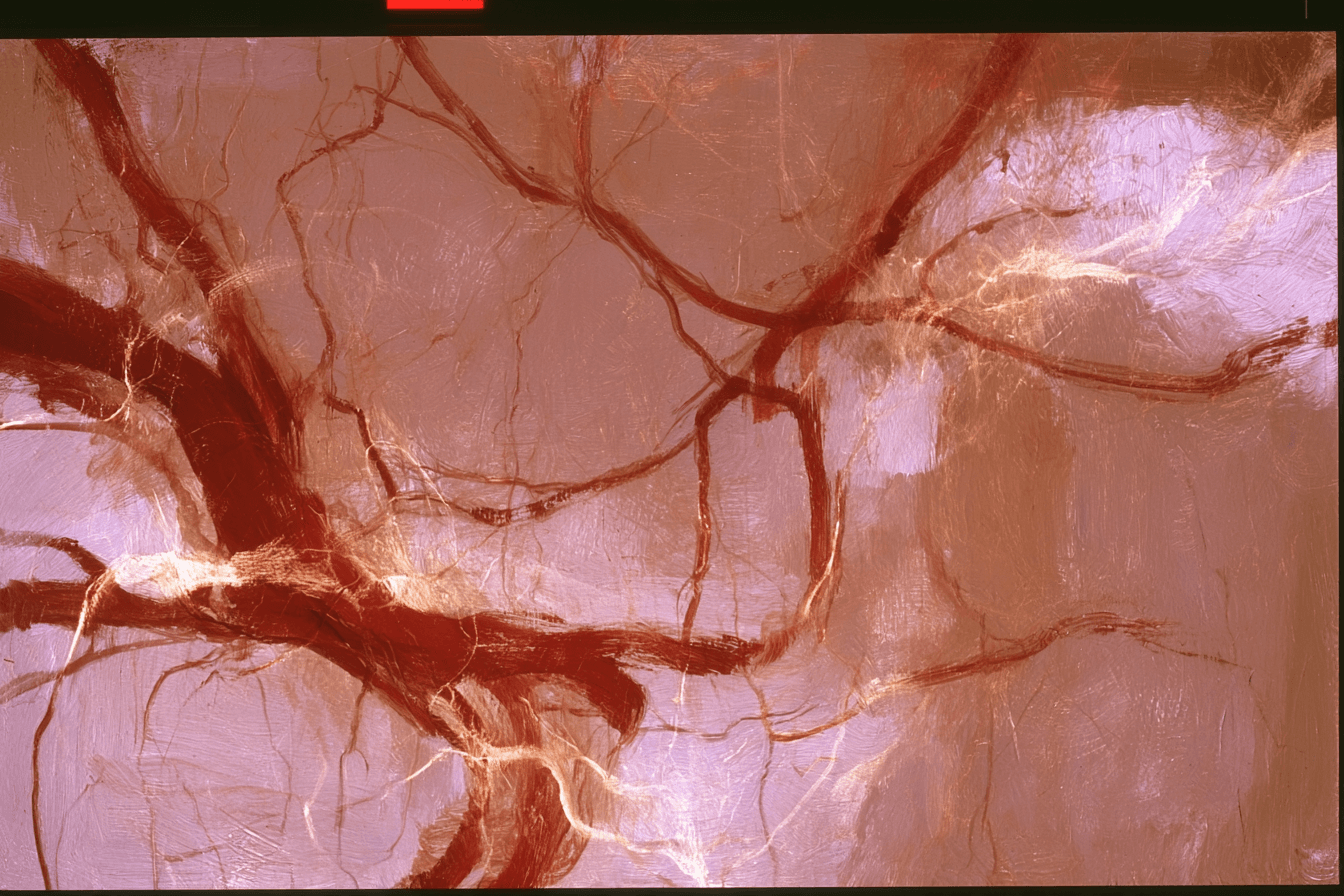 Branching red vessels against a rose-colored background